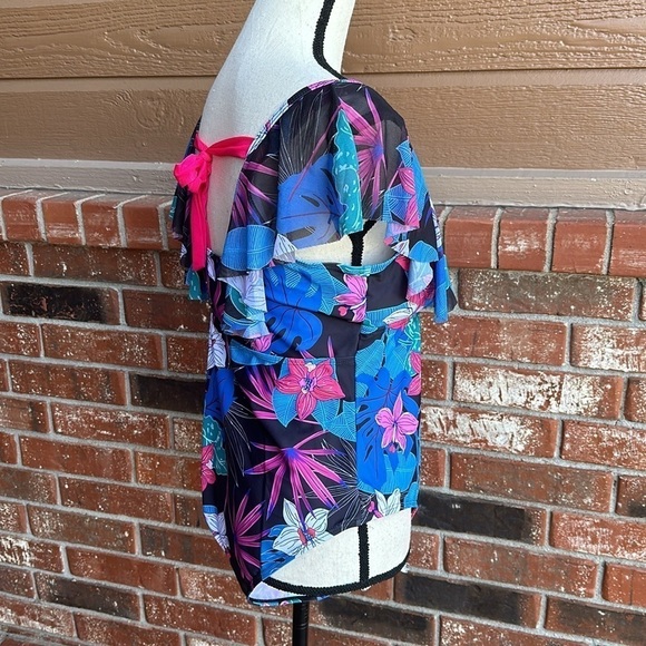 Women's Ruffle V Neck Flounce Sleeve Floral Tummy Control Swim Suit Size XL NWT - Picture 4 of 8